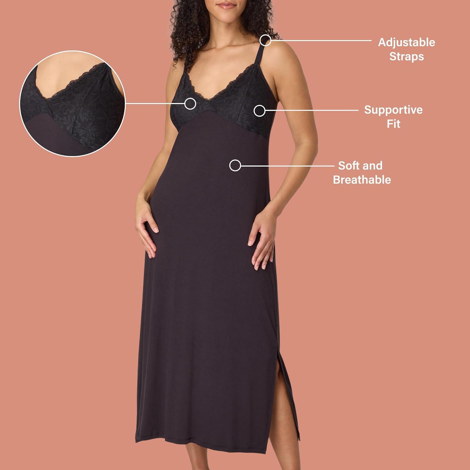 imageBali womens Nightgown Breathe Lacetrim Nightgowns for Women With Adjustable Straps Breathable Sleepwear GownBlack