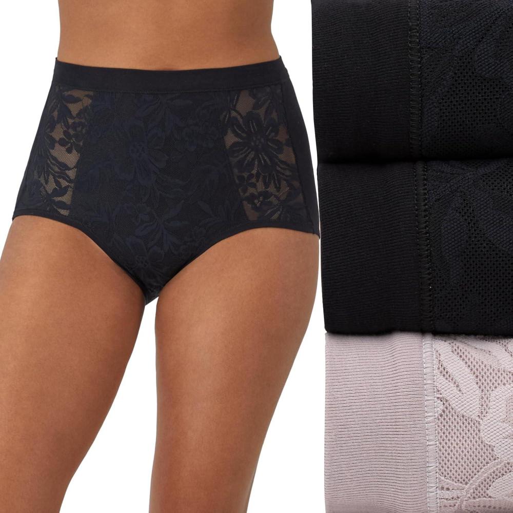 imageBali womens Breathe Underwear Highrise Briefs Breathable Cotton Modal Lace Panties 3packBlackBlackGloss