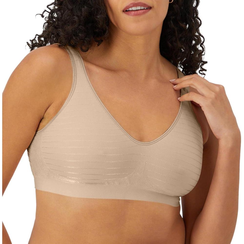 imageBali Womens Wireless Bra Comfort Revolution Seamless TShirt Bra ComfortFlex Fit MoistureWickingSoft Taupe Stripe