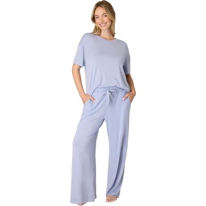 Bali Women’s Pajamas Set, Breathable T-shirt & Pants With Pockets, Loungewear for Women, Roomy Fit, 29″(Silver Satin/Silver Satin)